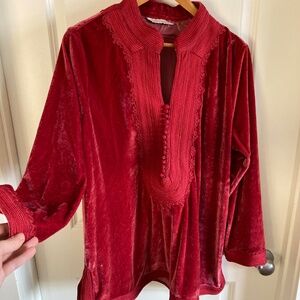 Soft Surroundings Embroidered Red Velvet Tunic Top Red Button Long Sleeve Sz L